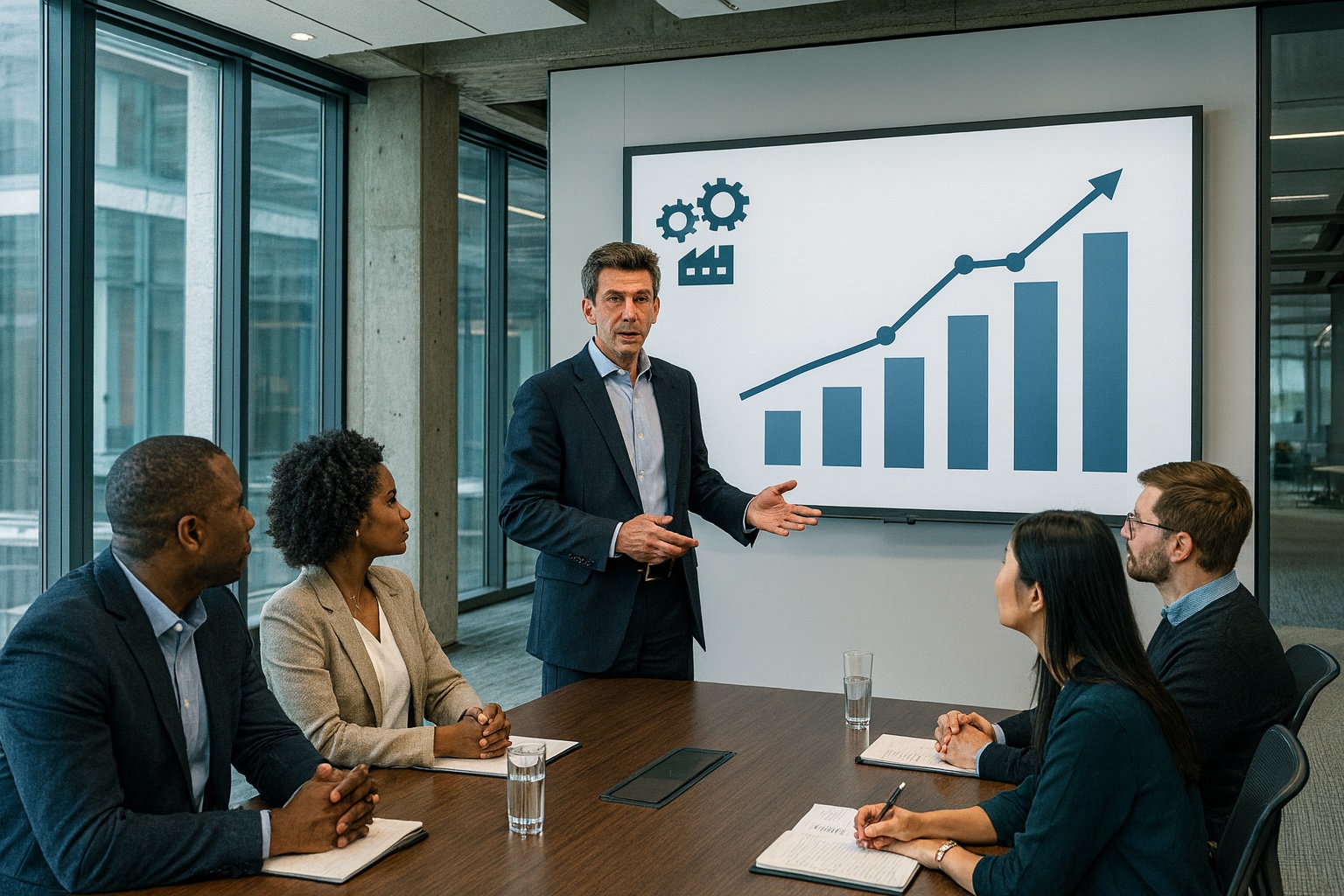 Professional business meeting with manufacturing consultants presenting growth charts and strategic planning